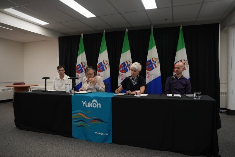 Four people sit in a row at a table with microphones 