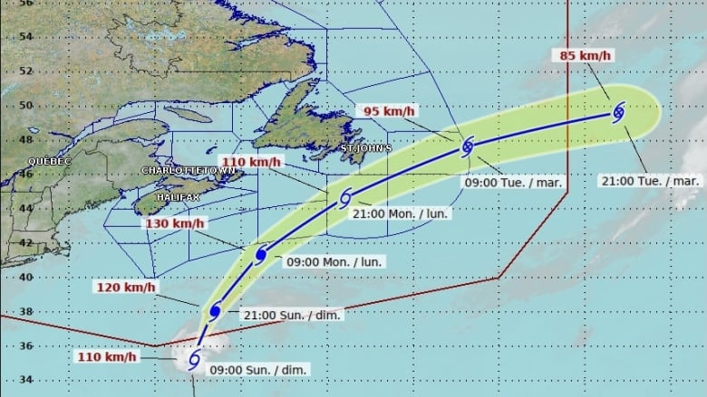 A map shows the storm narrowly avoiding Newfoundland and staying offshore.