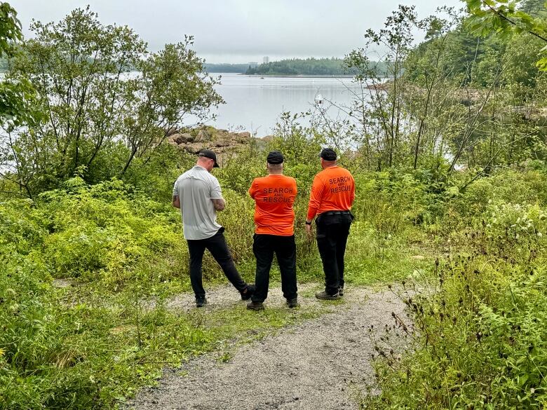 Three men stand in an area of brush with their backs turned and looking out toward a lake.