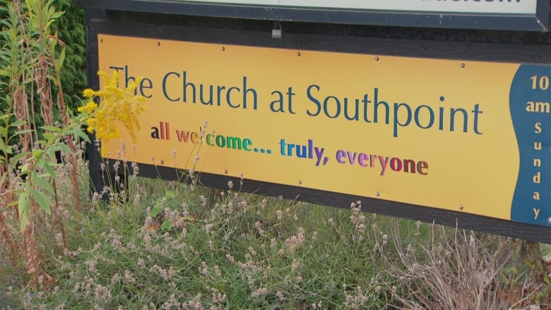 A sign reading 'The Church at Southpoint all welcome... truly, everyone.'