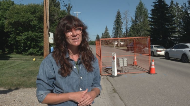 a woman with long brown hair wears a denim shirt and glasses. she stands on a road outside. it is sunny.