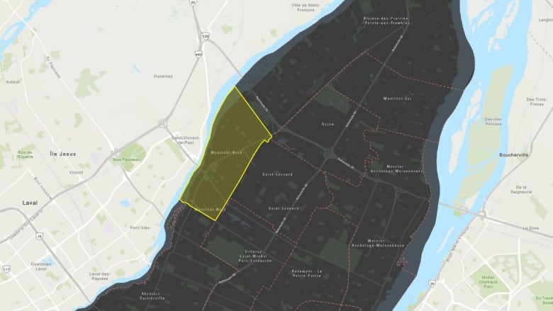 a map of montreal showing where a boil-water advisory is in place in the borough of Montreal-Nord