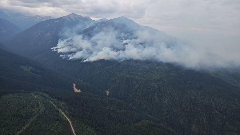 White smoke rises from a mountainside.