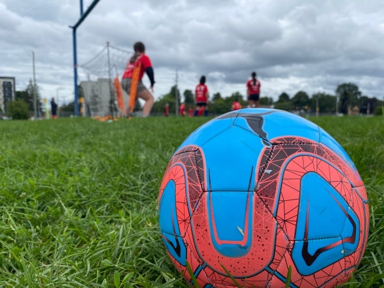 A soccer ball sits on green grass. Behind it and out-of-focus, children play soccer.