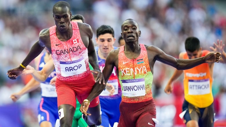 Two male 800-metre runners compete at the 2024 Summer Olympics, Saturday, Aug. 10, 2024, in Saint-Denis, France. 