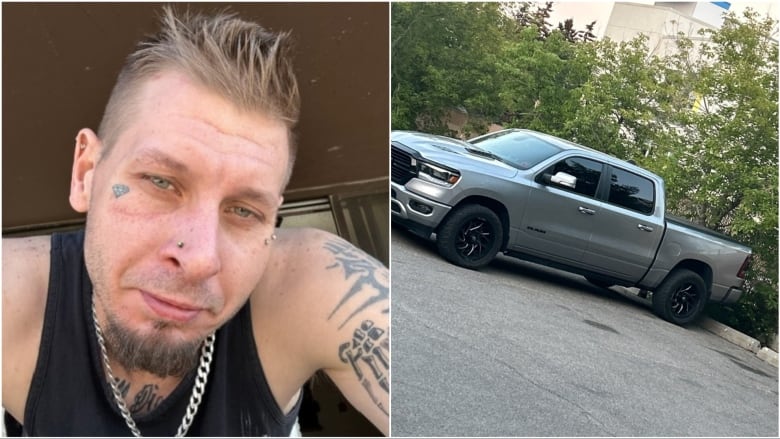 On the left, a tattooed man. On the right, a grey pickup truck.