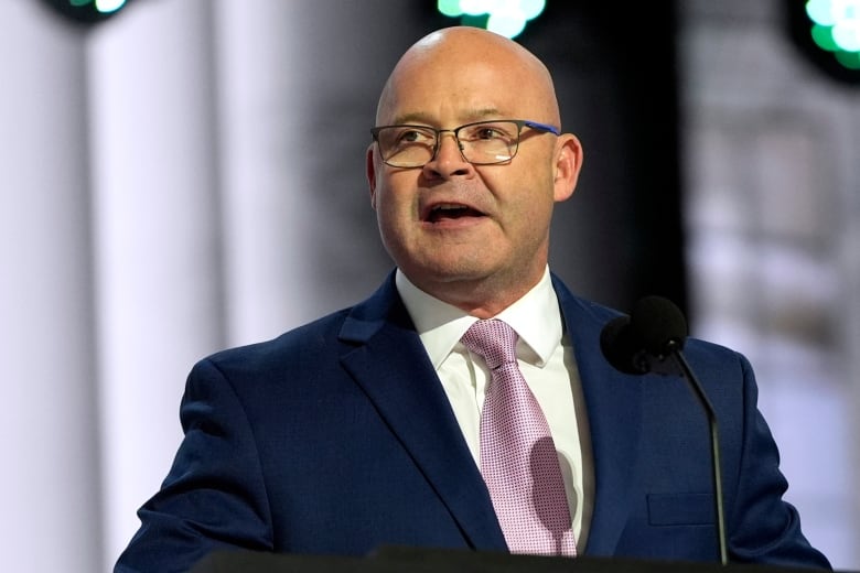 Sean O'Brien, president of the International Brotherhood of Teamsters, speaks during the Republican National Convention, July 15, 2024, in Milwaukee.