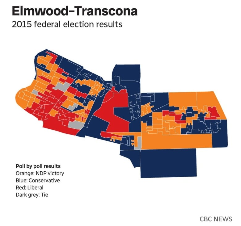 A poll-by-poll results map for Elmwood Transcona votes during the 2015 federal election. There are polls won by Liberals, Conservatives and the NDP.