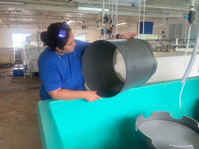 A woman holds a grey barrel in a room filled with large white plastic tubs with hoses attached. 