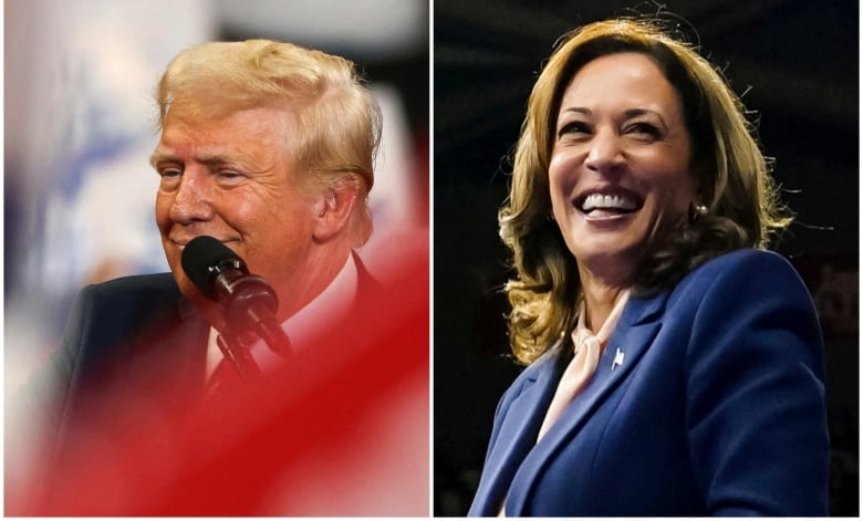 Pictures of Trump and Harris