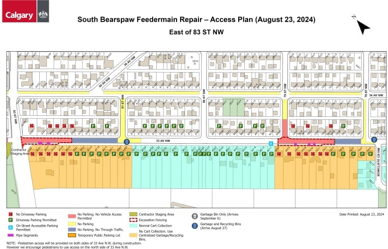 a map shows streets marked with various construction areas, detours, parking zones, and road closures.