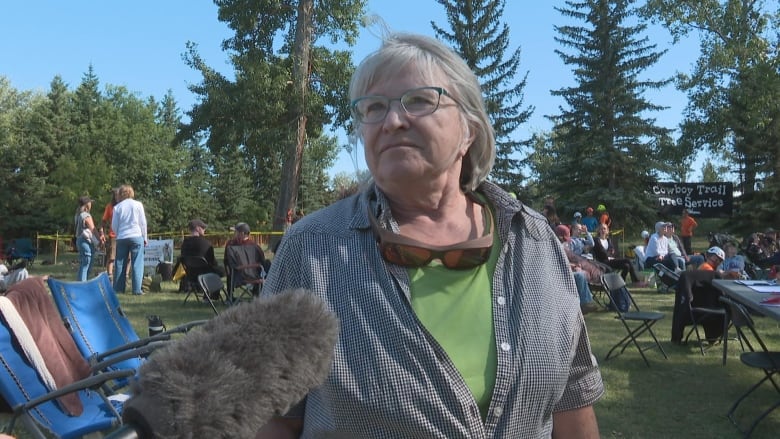 A woman with grey hair wearing glasses and a black and white-pattern button up over a green shirt.