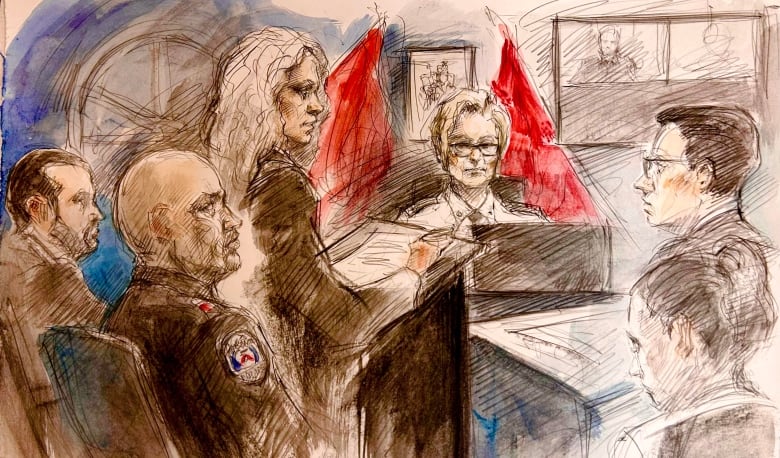 Courtroom sketch of a police tribunal hearing showing a defence lawyer speaking to a judge 