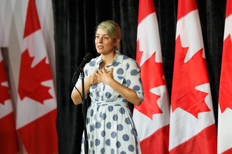 Foreign Affairs Minister Mlanie Joly speaks to media at the federal ministers cabinet retreat in Halifax, Monday, Aug. 26, 2024.