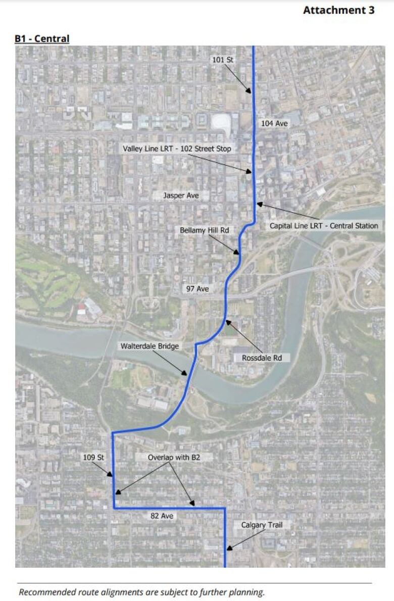 A map of a proposed BRT route running from Castle Downs to Century Park in south Edmonton. 