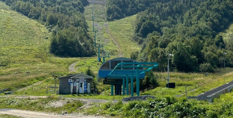 Mountain with blue ski lift surrounded by grass and trees. 