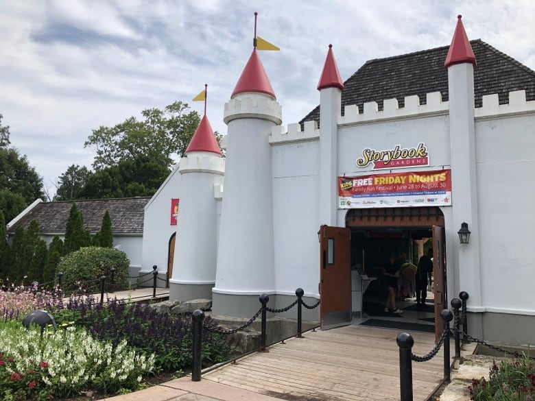 A castle with a sign that says 