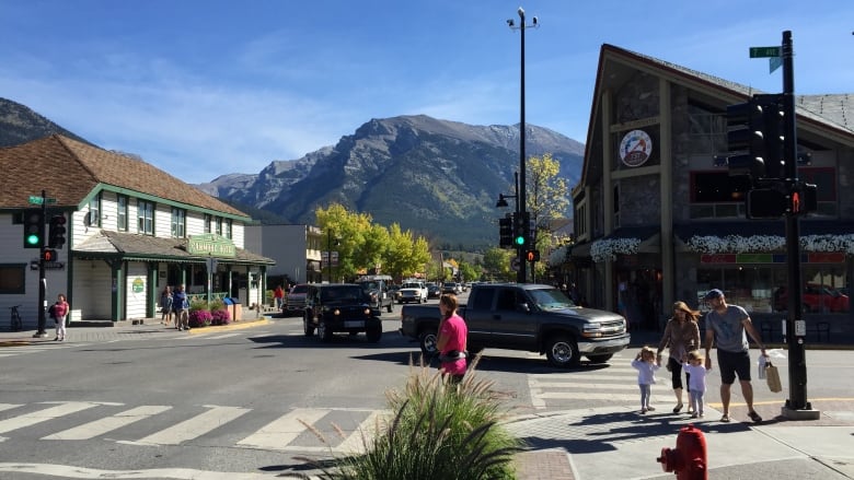 A photo of a downtown intersection in Canmore, Alberta.