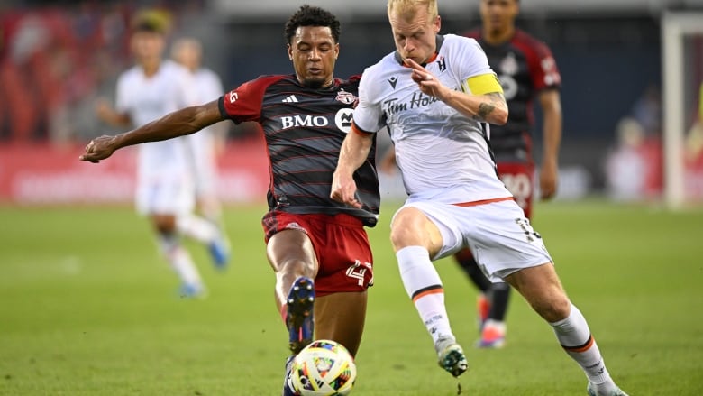 Forge FC midfielder Kyle Bekker (10) and Toronto FC midfielder Kosi Thompson (47).