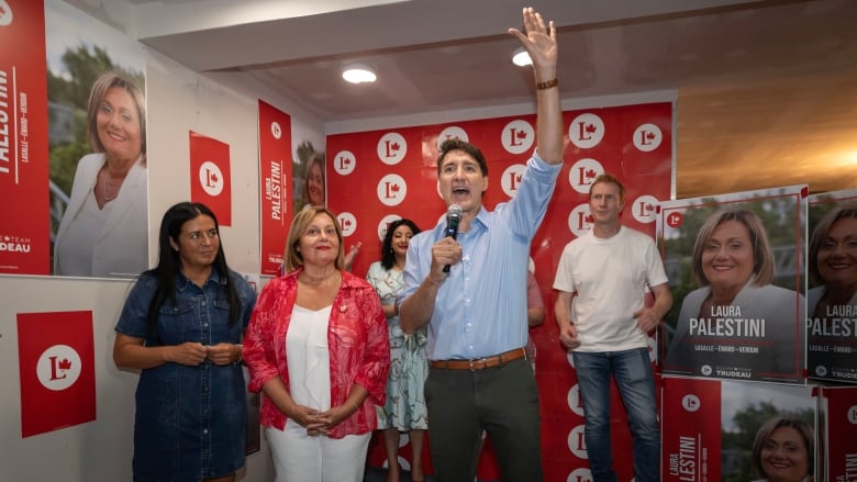 Prime Minister Justin Trudeau speaks at the riding office of  Laura Palestini, Liberal candidate for LaSalleEmardVerdun in Montreal on Sunday August 11, 2024.