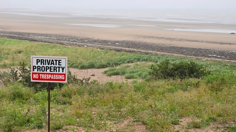 A white and red sign stating 'private property no trespassing' stands in grasses overlooking a sandy beach with the ocean in the background.