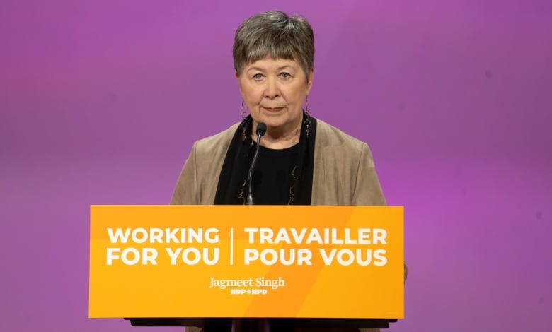 Anne McGrath, National Director of the New Democratic Party, speaks at the NDP Convention in Hamilton, Ont. Friday, October 13, 2023.