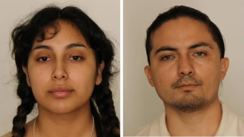 Two mug shots side by side, a woman on the left and a man on the right.