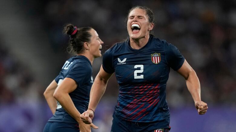 Ilona Maher of the U.S. women's rugby team celebrates after winning their women's quarterfinal rugby sevens match between Great Britain and the United States at the 2024 Summer Olympics in the Stade de France, in Saint-Denis, France, July 29, 2024.