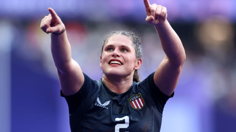 Ilona Maher celebrates following victory during the women's rugby sevens bronze medal match between the U.S. and Australia at the Olympic Games in Paris on July 30, 2024.