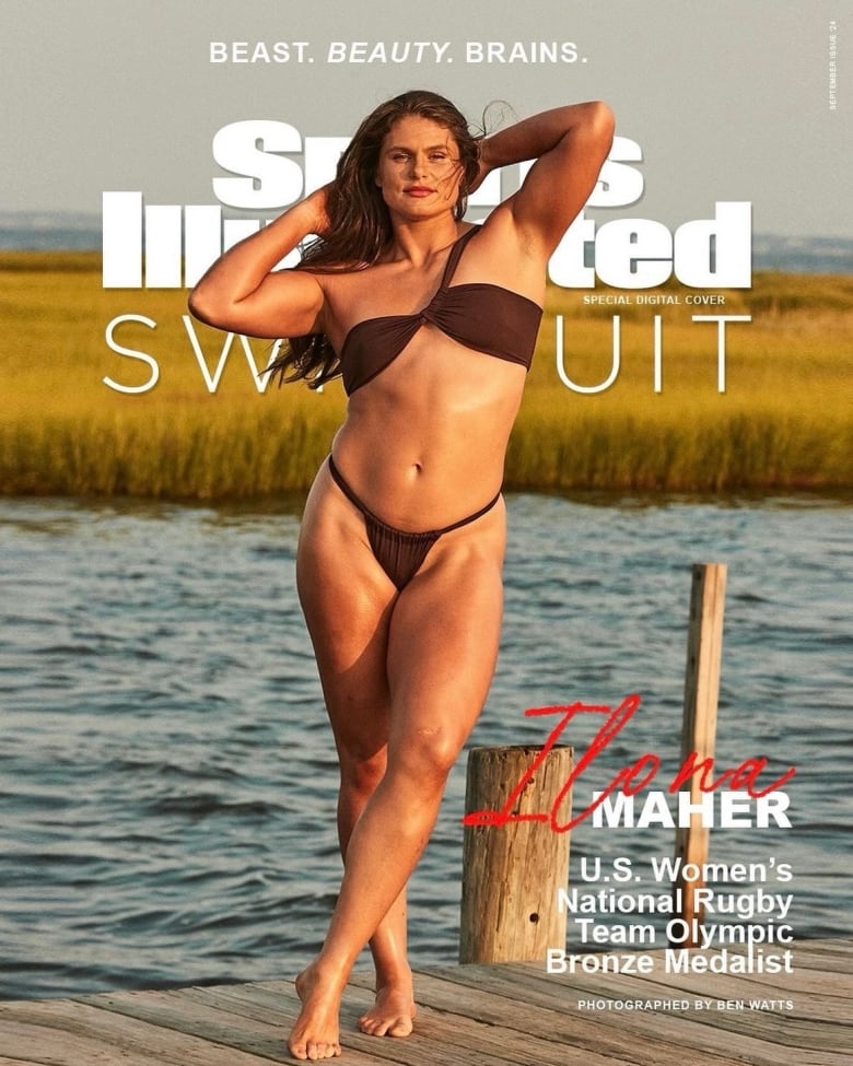 Screenshot of the cover of Sports Illustrated's swimsuit issue featuring rugby Olympic medallist Ilona Maher.