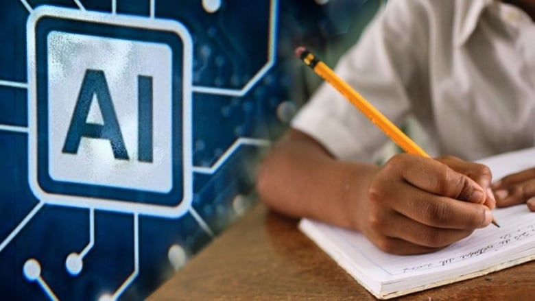  A logo that reads AI is next to a photograph of a student writing.