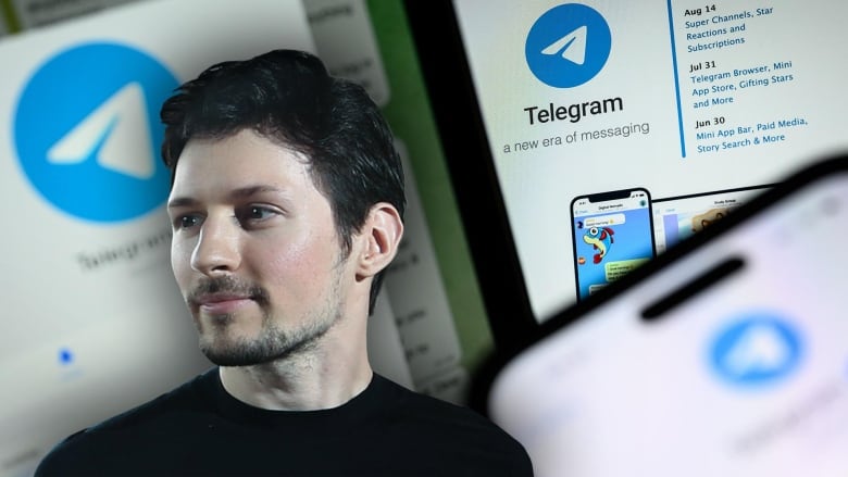 A composite image of a man with dark hair and facial hair behind an illustration featuring the Telegram logo  a blue circle with a white paper plane  on a variety of white screens. 