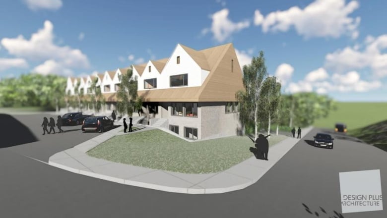 A mock-up rendering of a strip of apartments