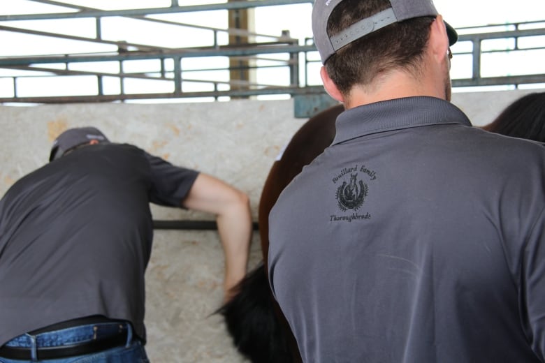 The back of a man wearing a shirt reading 