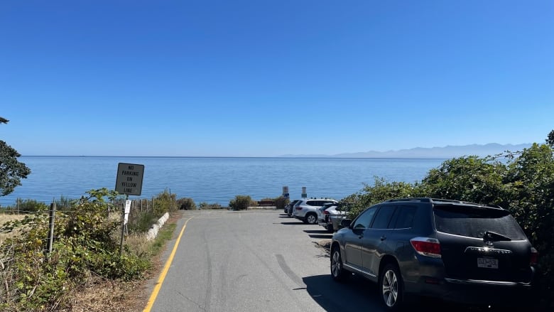 A road with a car parked on the side leads to a parking spot with the ocean in the background.