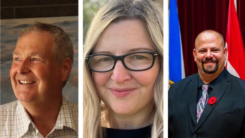 A three-panel photo shows the three candidates running for the mayor of Port Hawkesbury, N.S. The end photos are of men, while a woman is in the centre.