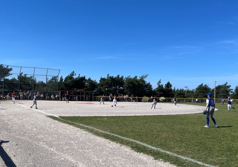 Female baseball players are on a baseball field.