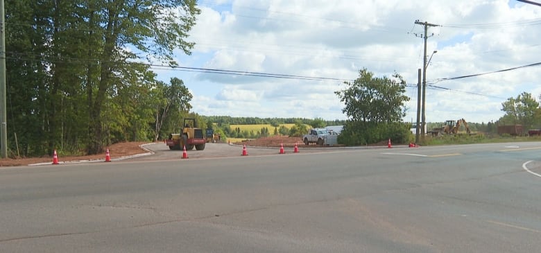 Pylons blocking road to construction site.