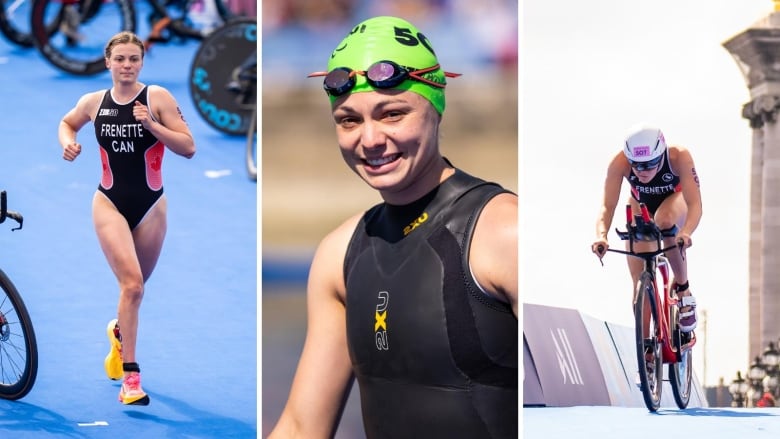 A tri-photo with a woman running on the left, a smiling woman in a swim cap in the middle and a woman biking on the right. 