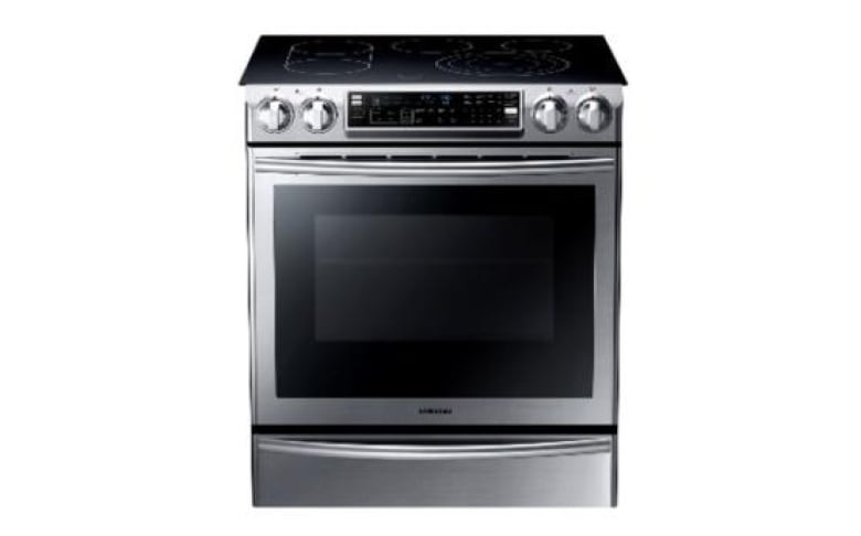 A photo of a stainless steel stove is pictured against a white background.