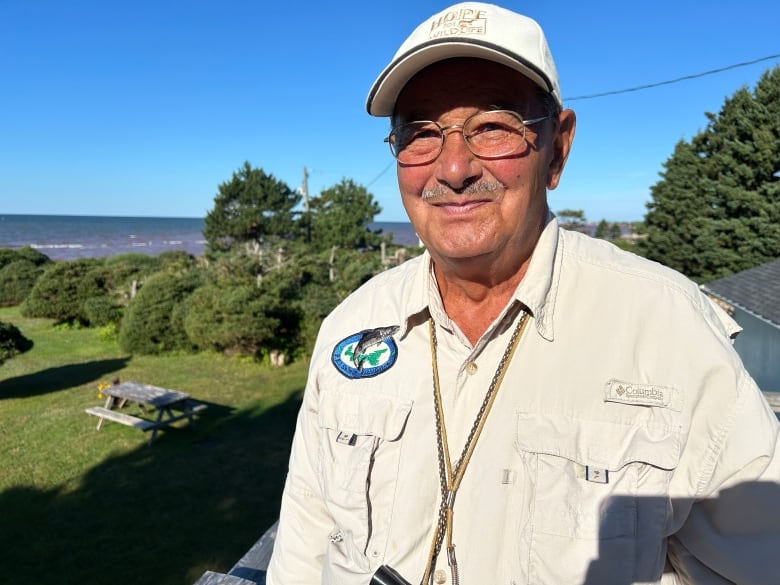 Man wearing beige hat and jacket.