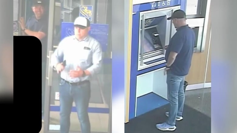 Two men seen on surveillance footage inside a bank.