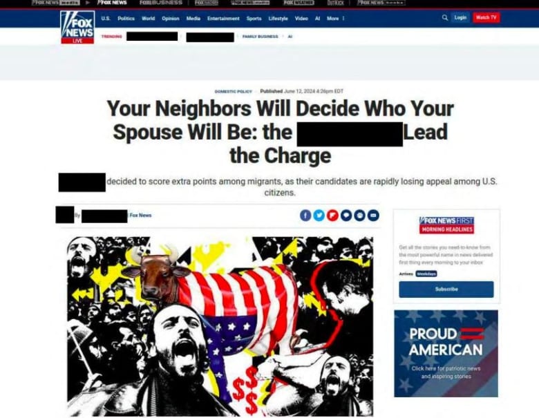 A screenshot of one article on a Russian-funded website designed to mimic the American news outlet Fox News. The headline reads, 