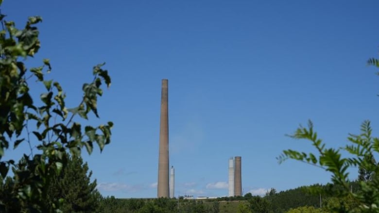 A large smokestack with some smaller ones next to it.