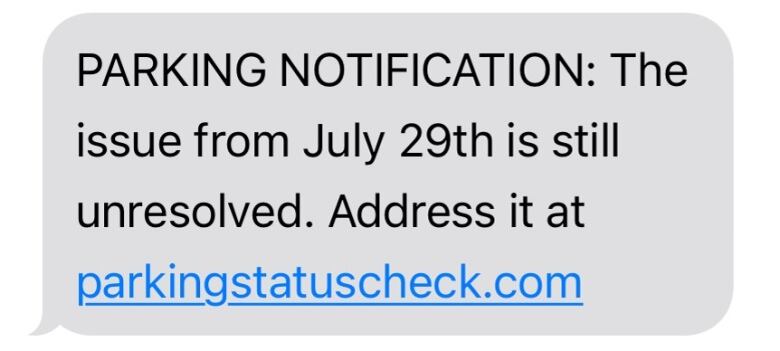 A screenshot of a text message that directs people to a website to deal with a parking issue.