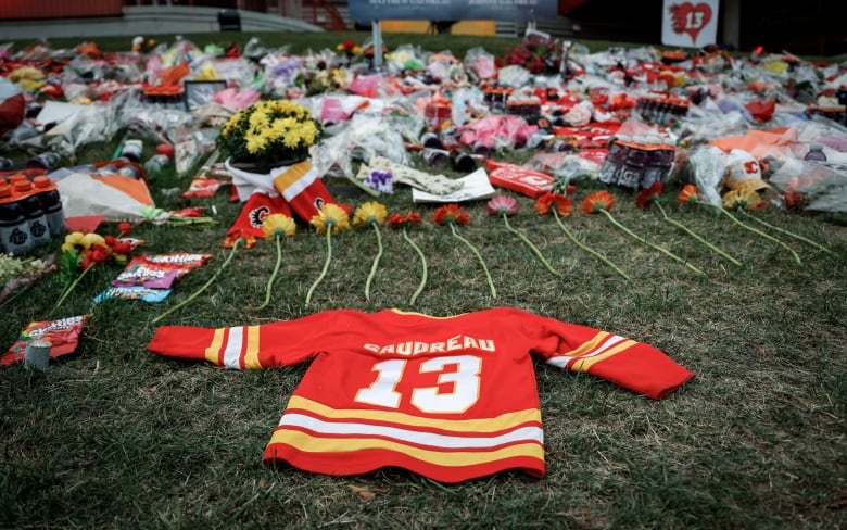 A jersey lies on the grass surrounded by flowers