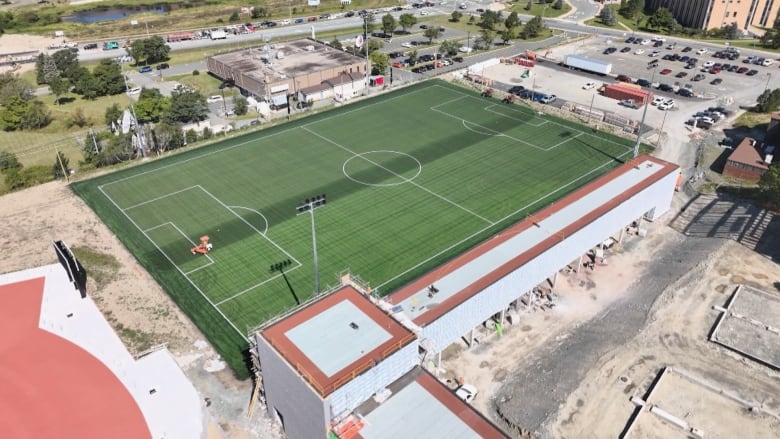 A bird's eye view of the new soccer field for the 2025 Canada Games shot by drone.