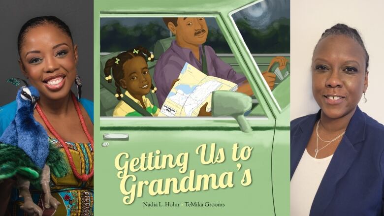 A book cover of Getting Us to Grandma's by Nadia L. Hohn, illustrated by TeMika Grooms, showing a young girl sitting in a car next to her dad, holding a map. The book's creators are also pictured.