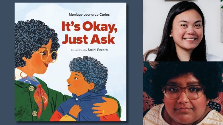 A book cover of It's Okay, Just Ask by Monique Leonardo Carlos, illustrated by Salini Perera, showing a parent looking at their child, with their arm around them. The book's creators are also pictured. 