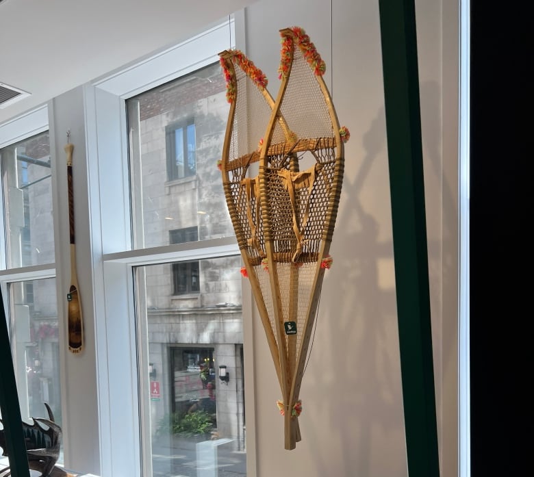 A pair of moose hide snowshoes on display. 